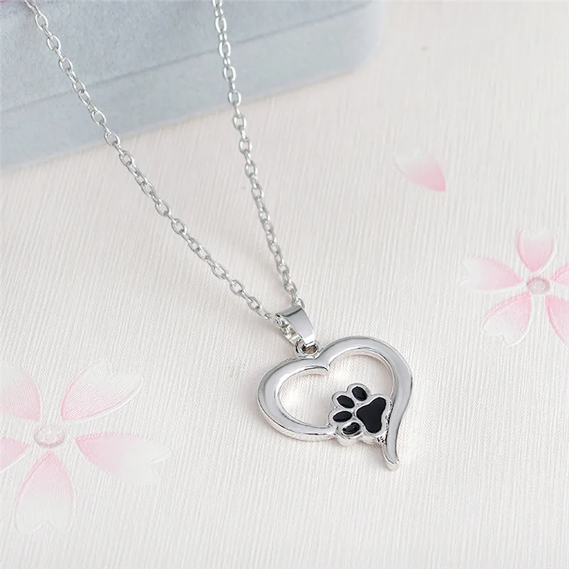 Puppy Paw Heart Necklace Charm Black Enamel Girls Hollow Pet Paw Print