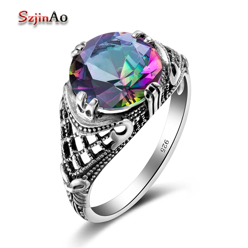 

Szjinao bowknot Rainbow Topaz 925 sterling silver rings for women vintage boho Flower Full Finger Ring Fine Jewelry