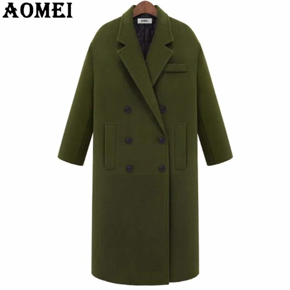 Женское длинное шерстяное пальто армейского зеленого цвета, одежда для работы, офисная одежда для женщин, осенне-зимняя одежда с двумя пуговицами зеленого цвета, новинка