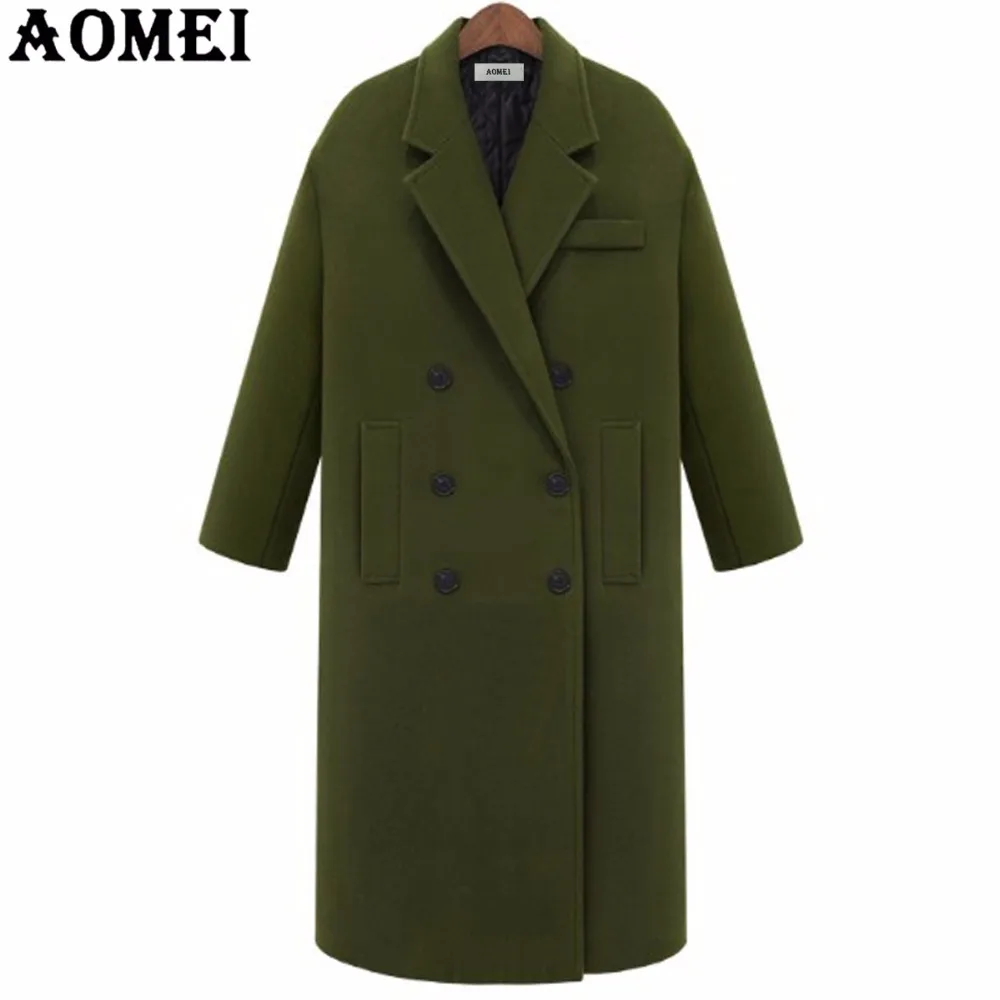 

Women Army Green Woolen Long Overcoat Wear to Work Office Lady Clothing Fall Winter with Double Button Design Green 2019 New