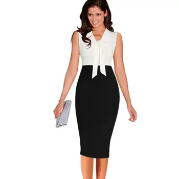 

Slim Tank Dresses Women Elegant Yellow White Contrast Patchwork Neck Bowknot Work Business Casual Party Evening Straight Dress