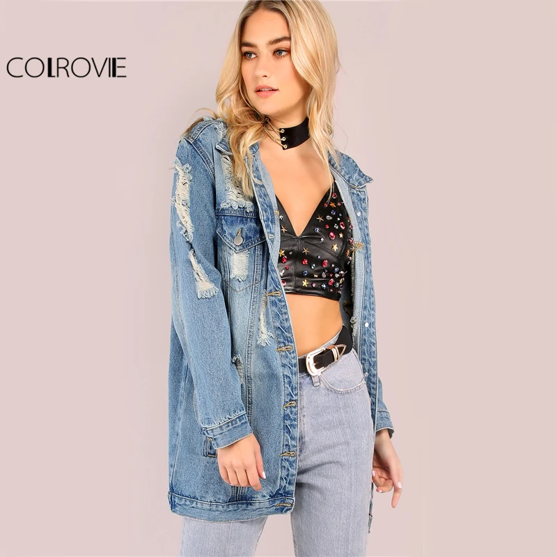 price reduction  COLROVIE Light Mineral Washed Denim Jacket Blue Distressed Women Longline Coat Autumn Full Sleeve C