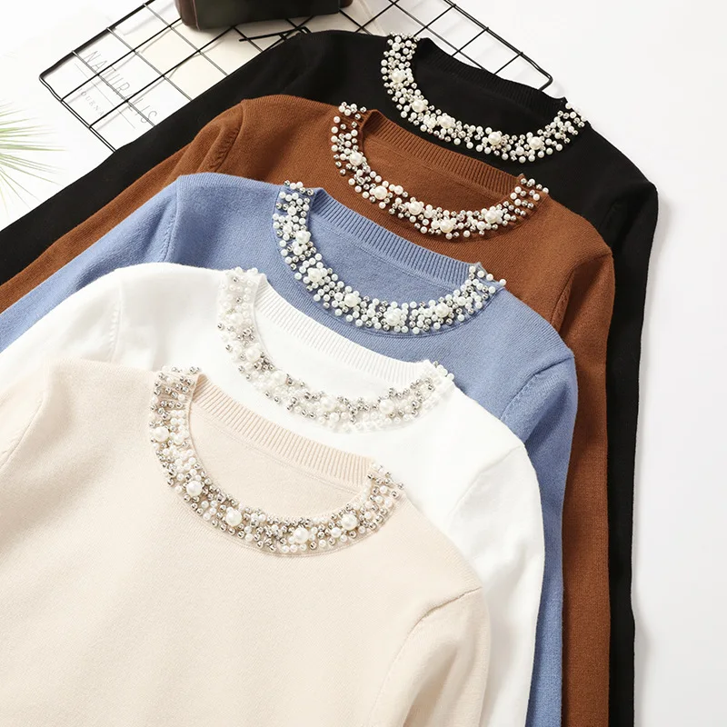 Autumn Winter Women Beaded Sweater 2019 O-Neck elegant sweater Jumper Top Loose Casual Warm Femme Sweater knitting bottom shirt Autumn Winter Women Beaded Sweater 2019 O-Neck elegant sweater Jumper Top Loose Casual Warm Femme Sweater knitting bottom shirt