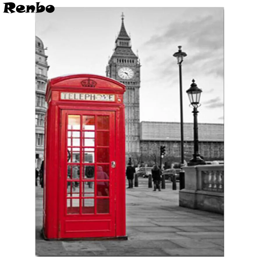

Full Square Diamond Painting London City Modern red telephone booth Landscape Diamond Embroidery Mosaic Rhinestone Decoration