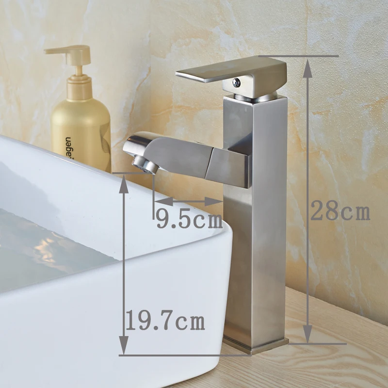 

Contemporary Bathroom Sink Faucet Single Handle Pull Out Mixer Tap Deck Mounted Nickel Brushed