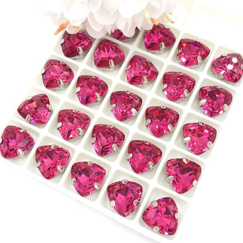 

NEW 12mm Fat Triangle shape Rose High quality Glass Crystal sew on rhinestones silver base with hole diy/clothing accessories