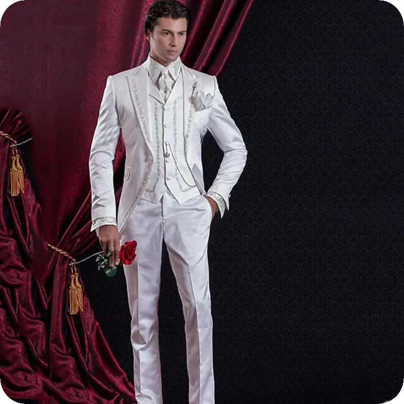 

Italian Tailcoat Embroidery Wedding Men Suits Vintage Long Groom Wear Tuxedos 3 Pieces (Jacket+Pants+Vest) Slim Fit Costume Homm