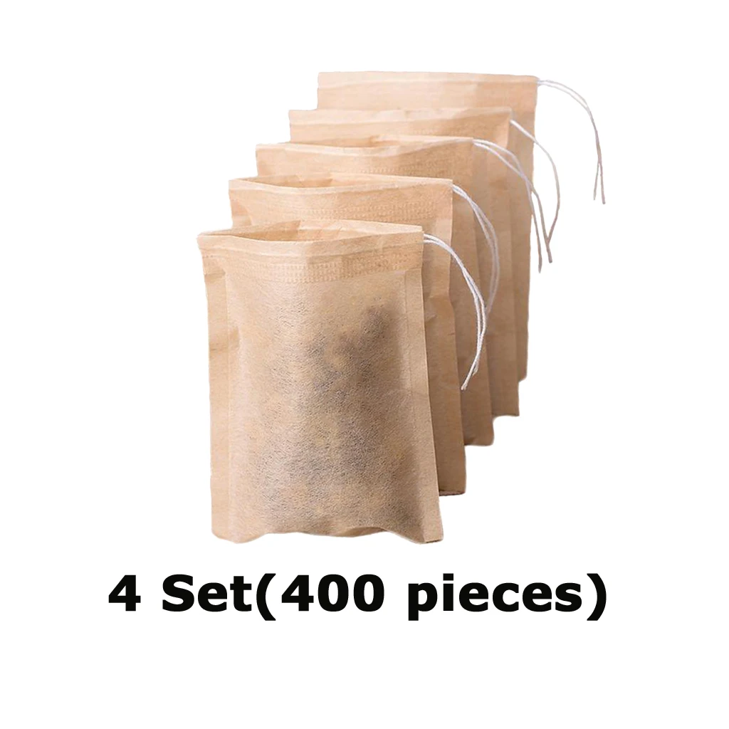 4 Set for 400 Pcs Empty Teabags Tea Filter Bags Disposable Tea Infuser Drawstring Loose Leaf Tea 7x5cm