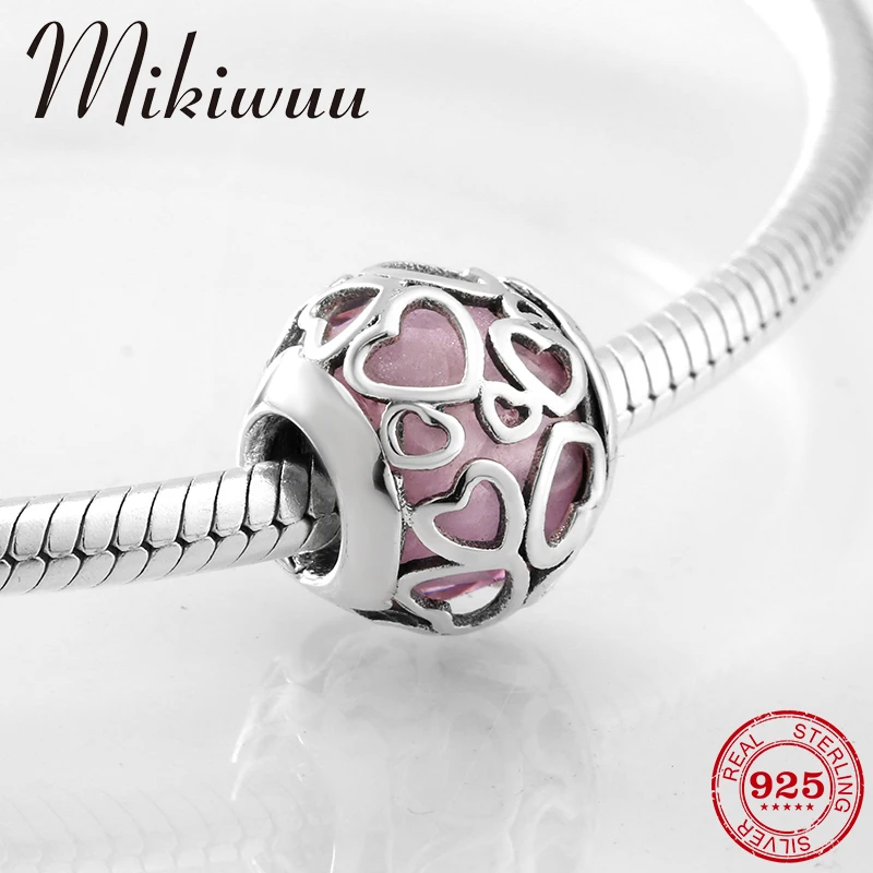 

925 Sterling Silver Hollow out heart charms Light pink DIY fine Glass beads Jewelry making Fit Original Charms Pandora Bracelet