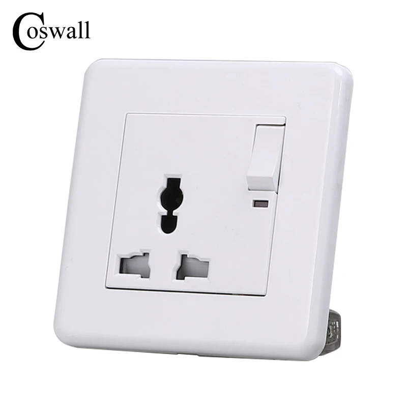 

COSWALL 1 Gang Wall Power Switched Socket Grounded+ Neon Indicator Universal Electrical Outlet White AC 110~250V