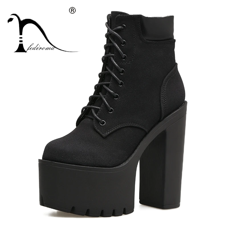 

FEDIROMA Women Ankle Boots Black Flock High Heel Ankle Boots Chunky Heel Platform Winter Shoes For Women Lace-up Boots