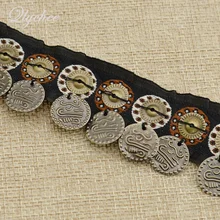 Vintage tecido borla guarnição boêmio fita moedas forma pingente cinta étnica roupas costura decoração acessórios