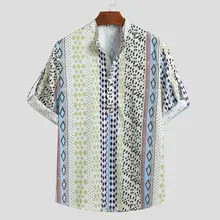 Мужская рубашка, летняя, с этническим принтом, стоячий воротник, цветная, в полоску, короткий рукав, свободная, Пляжная рубашка, гавайская рубашка, camisas