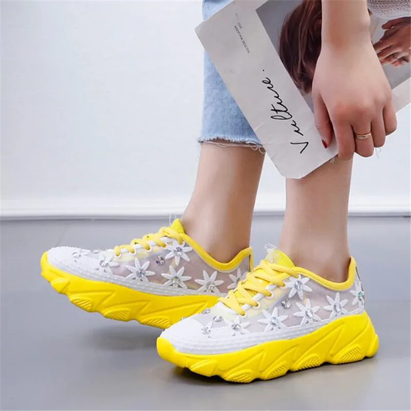 

ELGEER hi street breathable air mesh yellow sneakers women comfortable platform crystal floral spring summer shoes woman flats