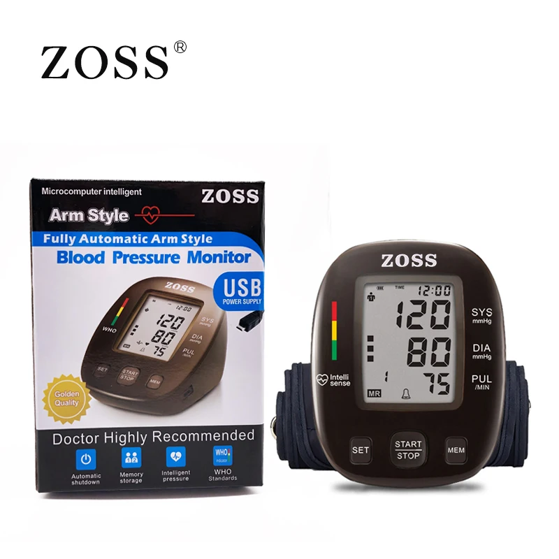 Price ZOSS latest models English or Russian Voice German chip LCD upper arm blood pressure monitor heart beat instrument tonometer