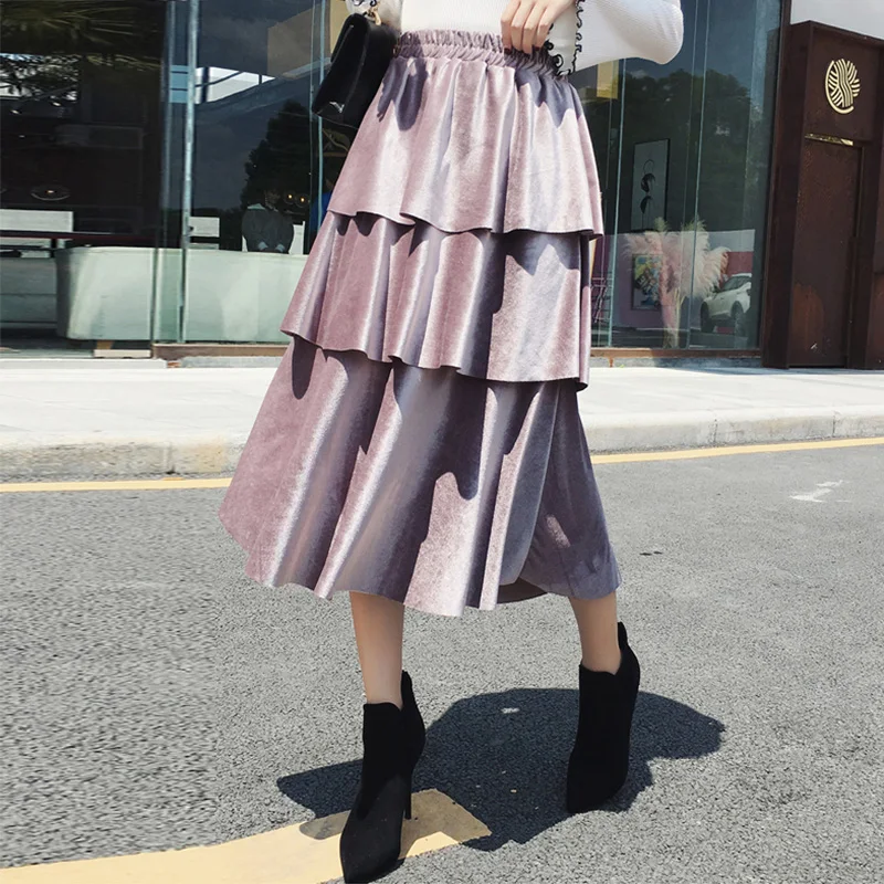 Korean Style Women Fashion Layered Ruffle Velvet Skirt Autumn Elastic