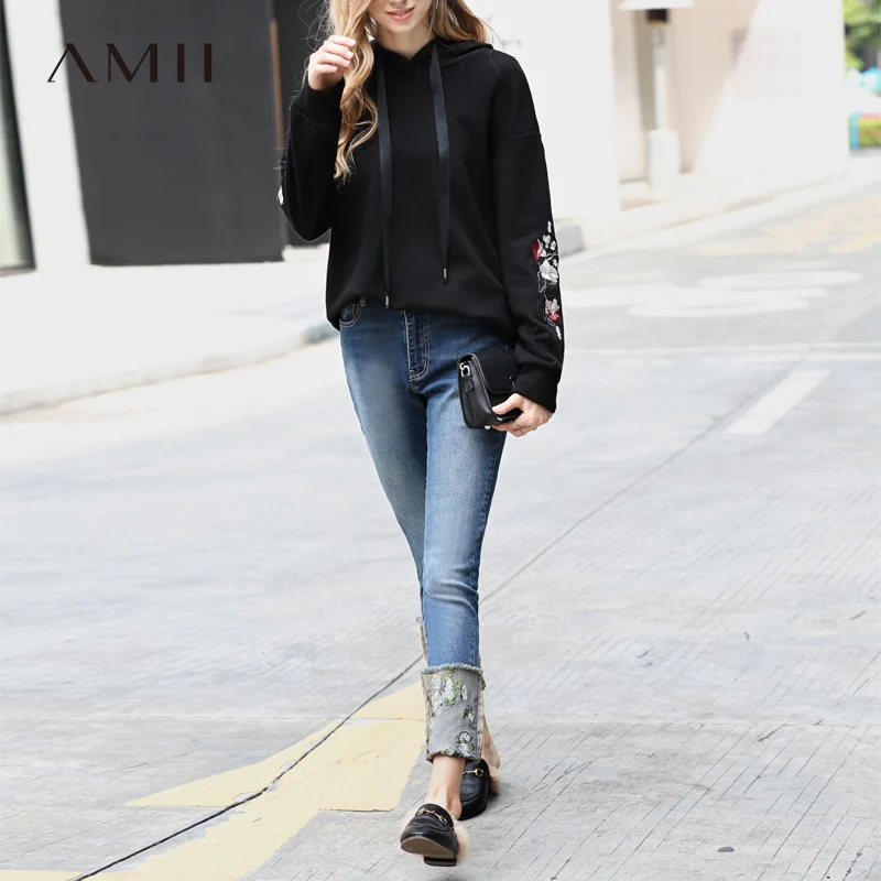

Amii Minimalist Skinny Jeans Women Denim Pants 2018 Causal Embroidery Floral High Waist Vintage Fashion Nova Jeans