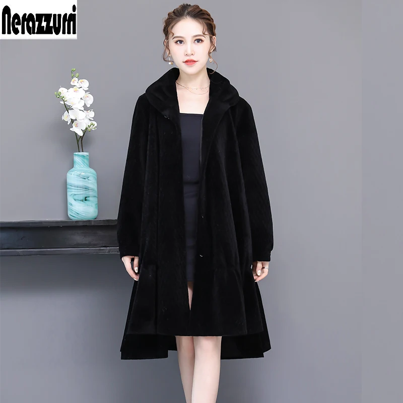 Nerazzurri Real fur coat women winter 2018 long large size oversize sheep fur jacket 5xl 6xl 7xl warm sheared lamb fur overcoat