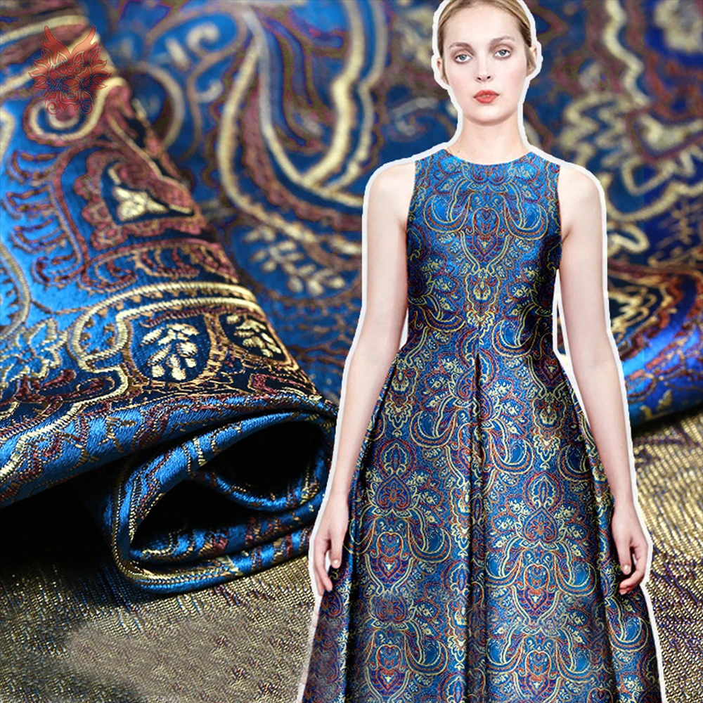 Ethnic style royal blue peacock jacquard brocade fabric for dress coat ...