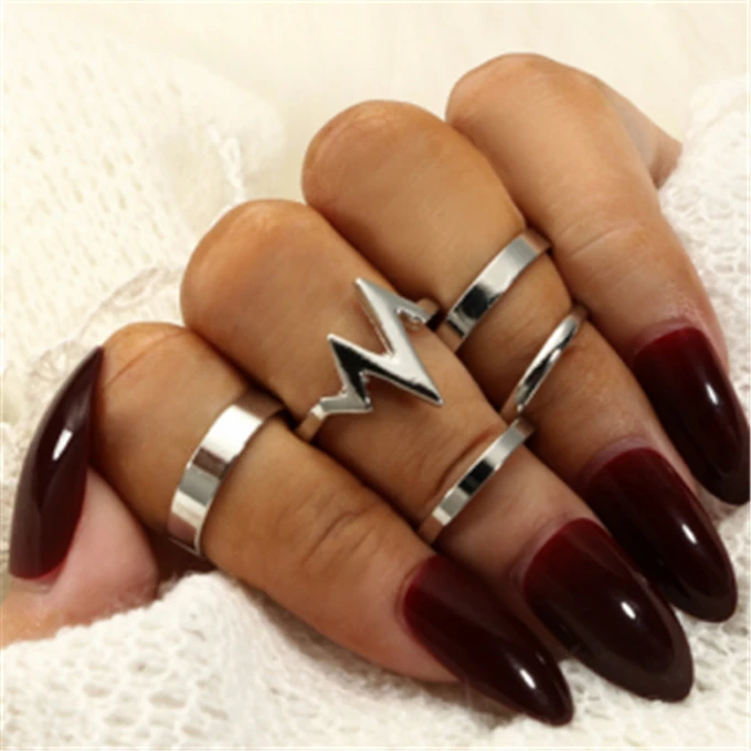 5PcsSet Punk Rock Gold Color Stack Plain Band Midi Mid Finger Knuckle Rings Set for Women Lightning ECG Ring Fashion Alloy Smooth Thin Ring_