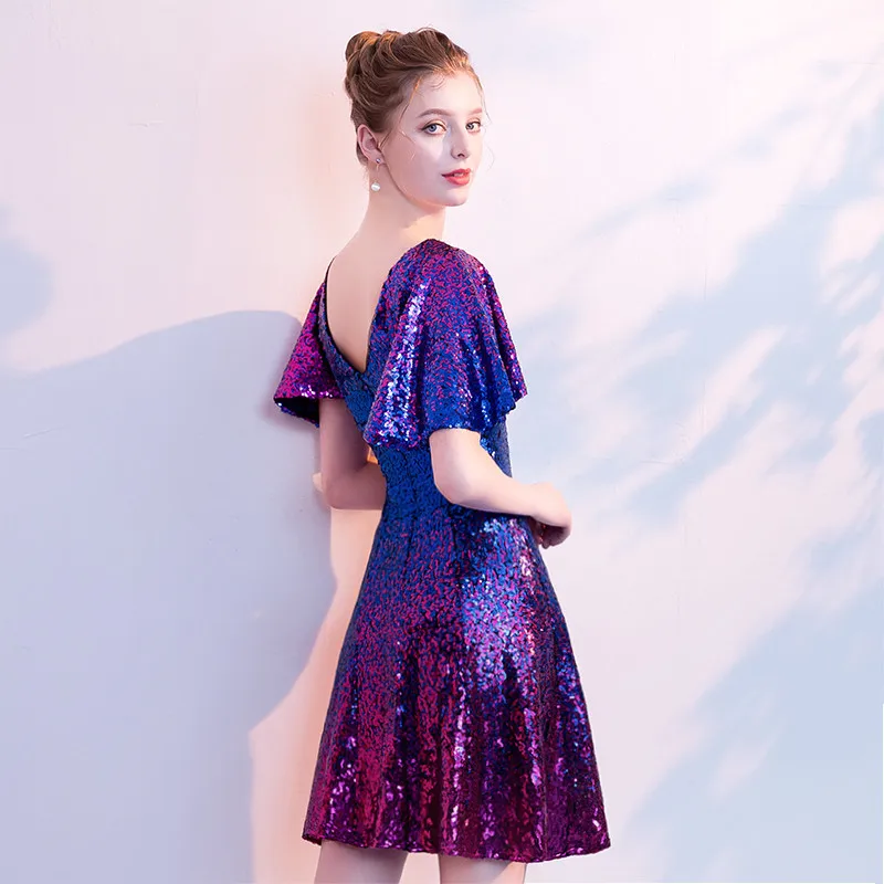 Robe De Cocktail Sequins коктейльные платья с v-образным вырезом и коротким рукавом платья для выпускного вечера женские вечерние платья