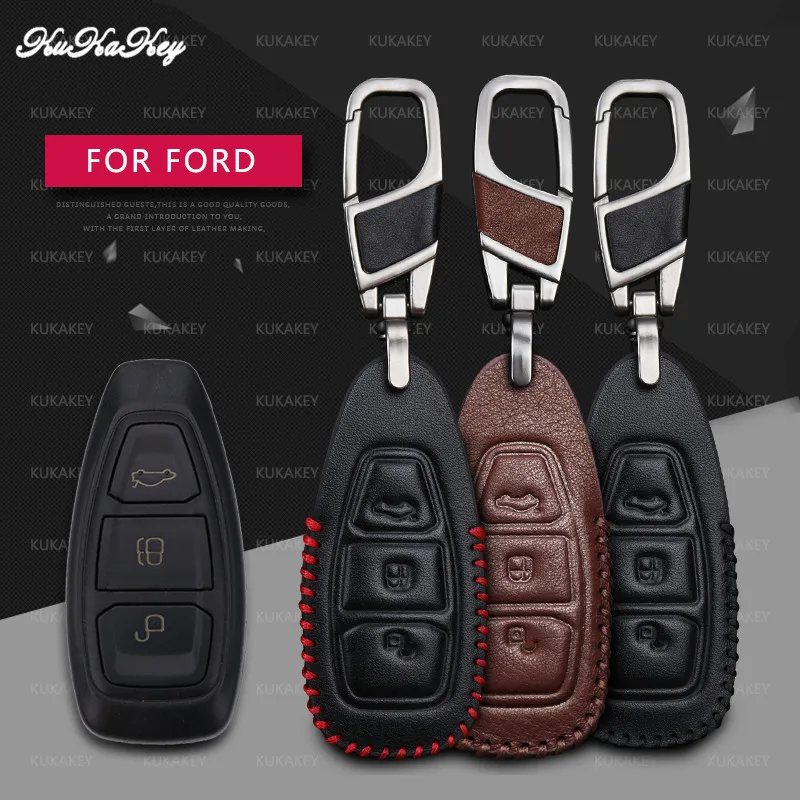 

KUKAKEY Leather Car Key Case Cover For Ford Mondeo Fiesta Focus Titanium Smart Remote Car Protection Key Shell Accessories