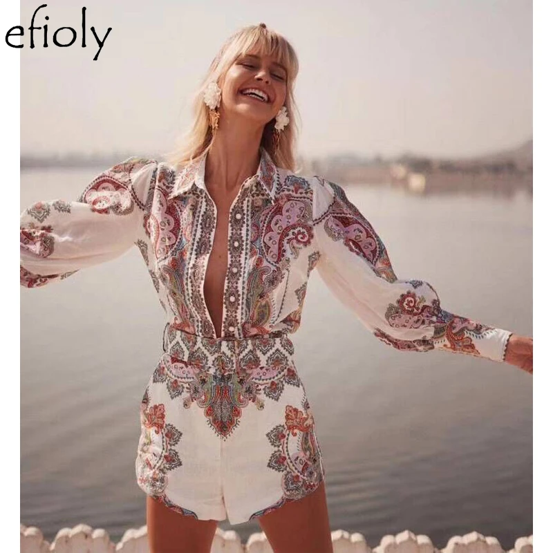 

EFIOLY Woman Print Sets Deep Puff Long Sleeve Woman Tops Sashes Shorts High Quality Vintage Style Sets Vacation Vintage Bohemian