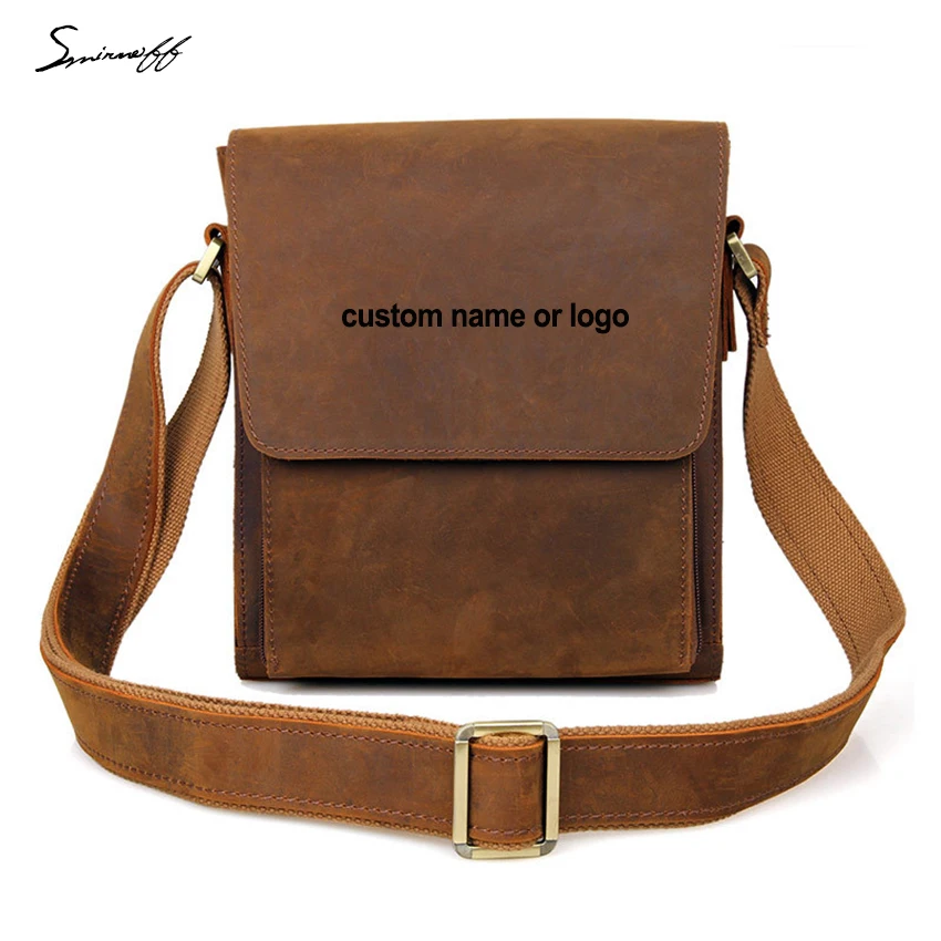 Kleine Echtem Umhängetasche Brown Gravierte Aus Bag Oder Freizeit Logo Männer Laser Leder Taschen Mann Mode Laptop Notebook Name 6ESqzz