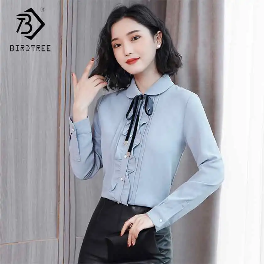 

2019 New Arrival Spring Korean Women Solid Turn-down Chiffon Blouse Bow Female Office Lady Casual Beige Blue Top Hot T93207X