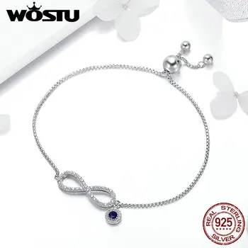 

WOSTU 2020 100% 925 Sterling Silver Sparkling Infinity Women Chain Link Bracelet Wedding Adjustable Silver Jewelry Gift BKB087