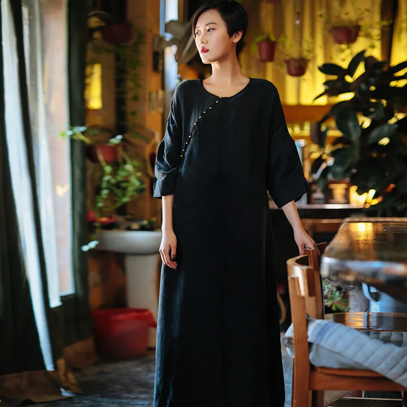 Johnature 2020 Summer Style Women Solid Color Black Dress Robe Three Quarter Sleeve Round Neck High Slit Long Silk Gown | Женская одежда