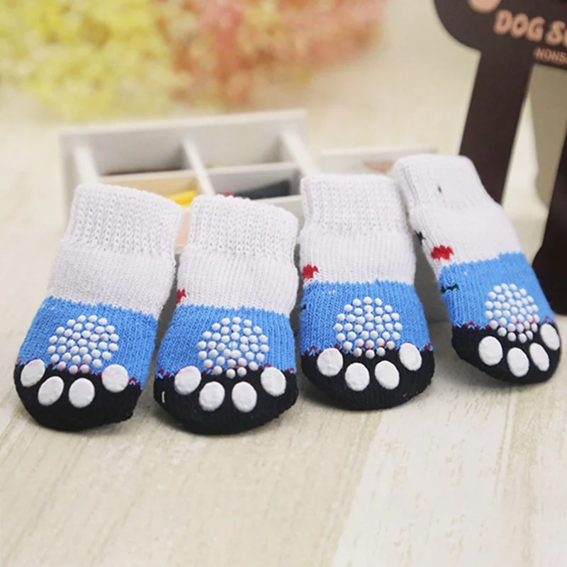 

4 Pcs Puppy Small Dog Shoes Cute Cartoon Warm Soft Cotton Knits Sock Anti Slip Skid Socks