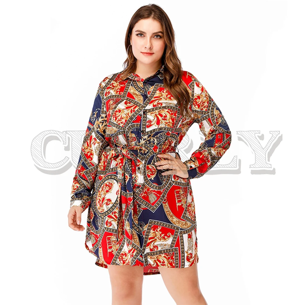 

CUERLY Vintage Chain print plus size shirt dress women Summer spring elegant sashes vestidos Ethnic long sleeve short dresses
