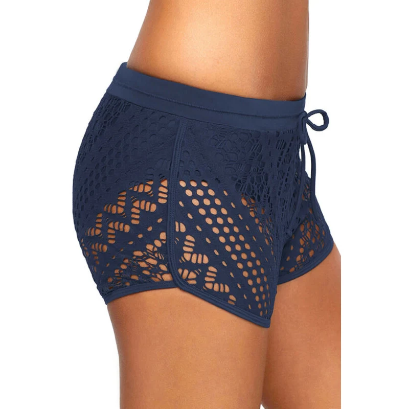 

Summer Womens Solid Color Swimming Boxer Hollow Out Shorts Bottom Beach Lace