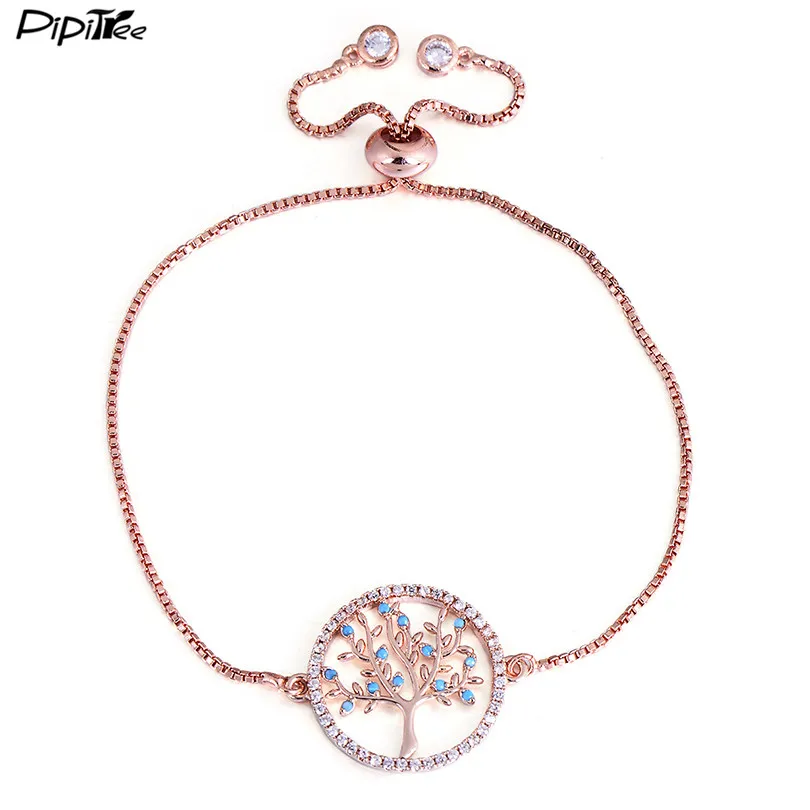 

Pipitree Summer New Blue Zircon Life Tree Bracelet Femme Slider Chain Rose Gold Color Charm Bracelets for Women Lovely Jewelry