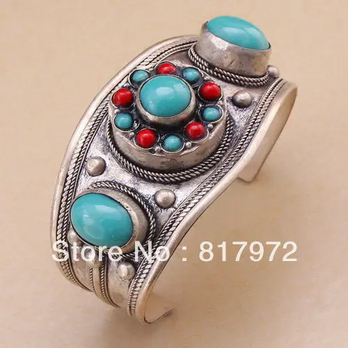 

Lucky totem tibet silver inlay bling round green stone howlite cuff bracelet quality guarantee Adjustable Party Gift &6YB00065