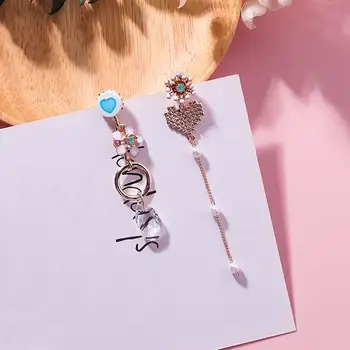 

MENGJIQIAO 2018 Korean New Clear Crystal Enamel Flower Asymmetric Earrings For Women Fashion Jewelry Love Heart Long Pendientes