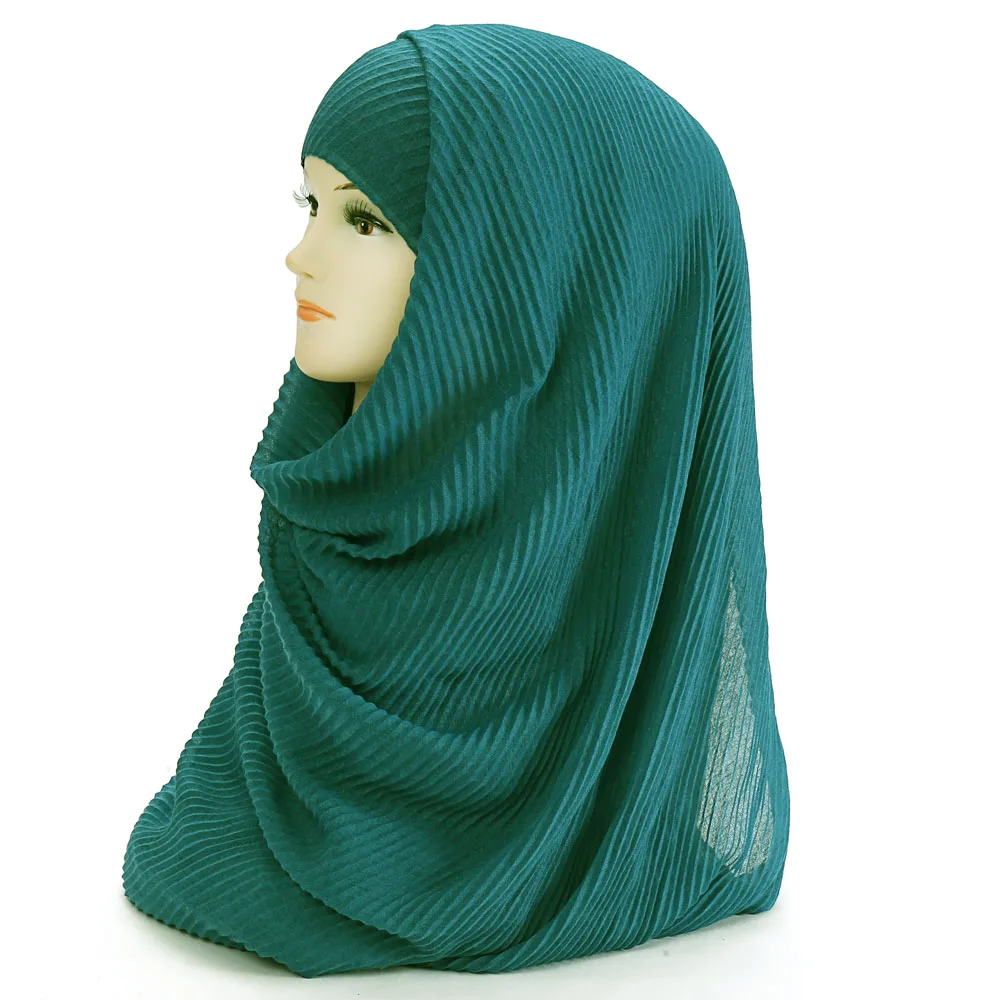 Большой Размеры 180 см* 90 см плиссированные морщинка Для женщин Hijab шарф мусульманский головной Обёрточная бумага шаль однотонного цвета - Цвет: 12 teal green