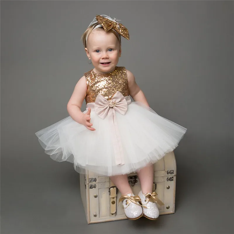 Real Photo Gold Sequins Children Princess Dress Baby Girl Birthday Dress Gold Bow Girl Tutu