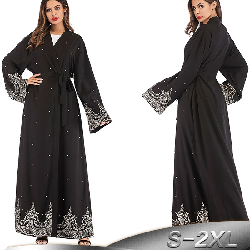 

2019 Black Pearls Kaftan Abaya Dubai Turkish Islamic Muslim Hijab Dress Abayas For Women Ramadan Jilbab Robe Caftan Clothing