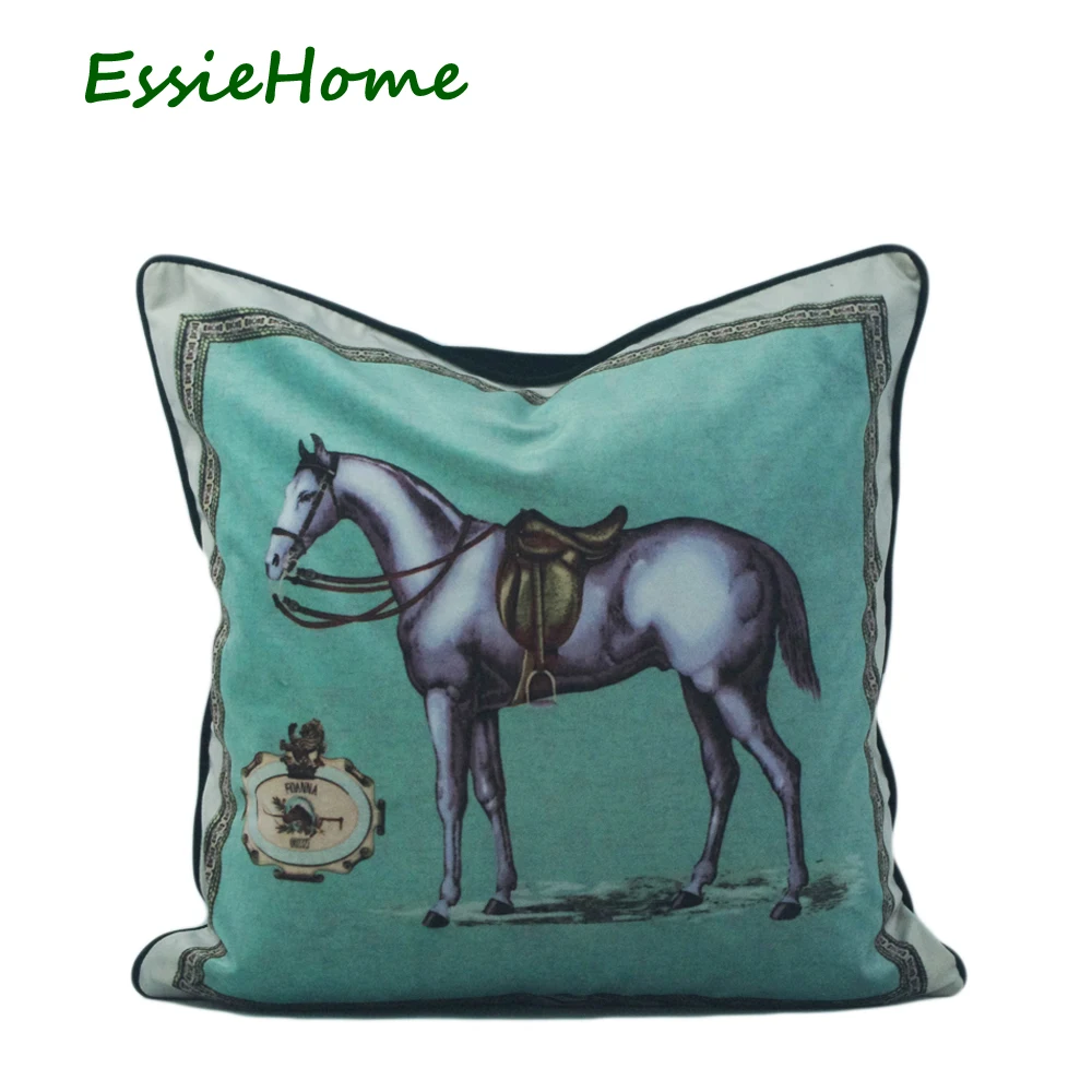

ESSIE HOME Print Velvet Pillow With Piping Egg Blue Horse Rococo Baroque Style Soft Cushion Cover Pillow Case Home Decor