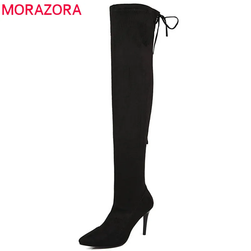 

MORAZORA 2018 new fashion shoes woman pointed toe autumn long boots zip solid color party shoes high heel over the knee boots