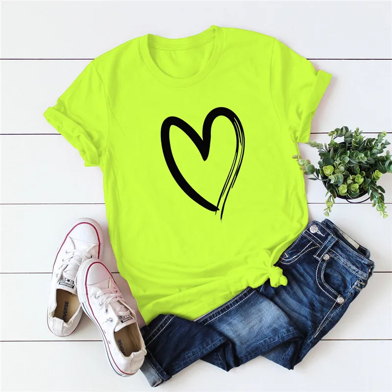 Большие размеры, S-5XL, Новая женская футболка с принтом сердца, хлопок, круглый вырез, короткий рукав, летняя футболка, топы, Повседневная футболка, женские футболки - Цвет: A0554-yinguang