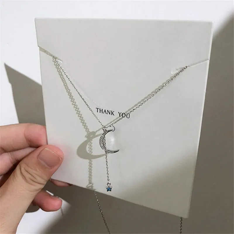 

New Beautiful Fashion Jewelry Moon And Star 925 Sterling Silver Women Five-pointed Flash Crystal Cute Pendant Necklaces N448