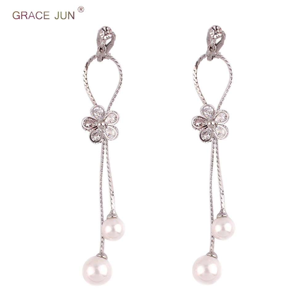 

GRACE JUN New AAA Cubic Zircon Double Tassel Clip on Earrings and Drop Pierced for Women Party Pagement Charm Earrings Xmas Gift