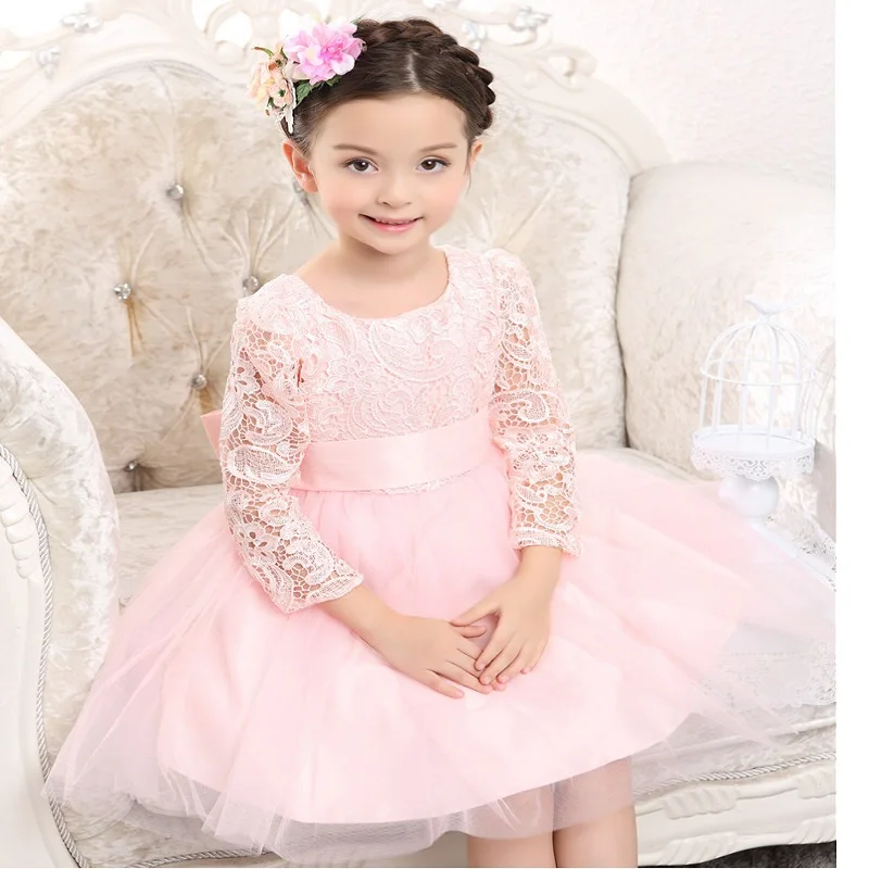New Arrival long sleeve Pink lace flower girl dresses for wedding Party