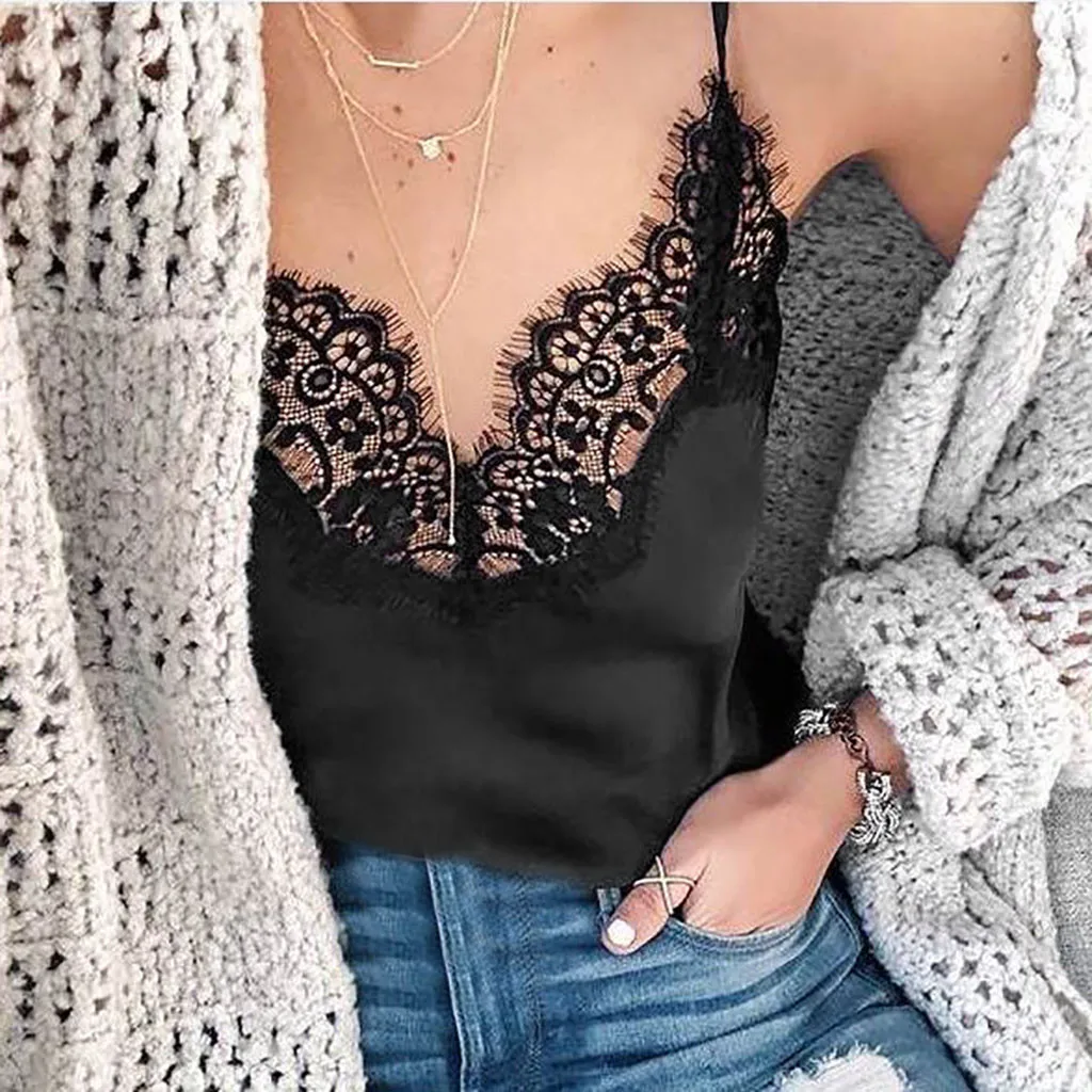 

lace tops Women Lace Vest Sleeveless Loose Camisole Casual V-Neck Tank Tops caraco dentelle femme3.609