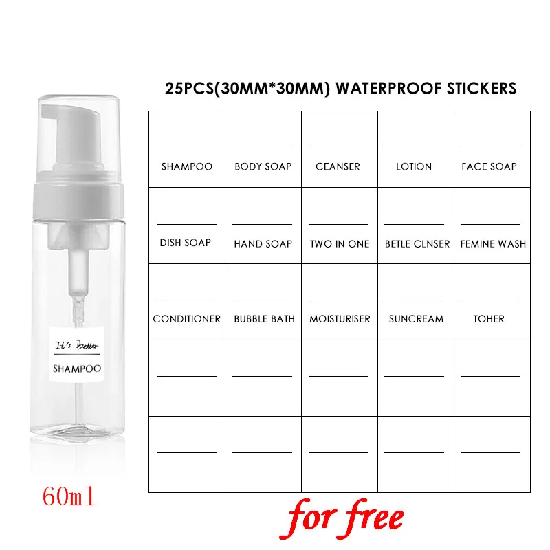 1 шт. 30 мл-150 мл ПЭТ выдавливаемый дозатор, бутылка с насосом для вспенивания с наклейками с бесплатной этикеткой, прозрачная пена для лосьона, бутылка-спрей для путешествий