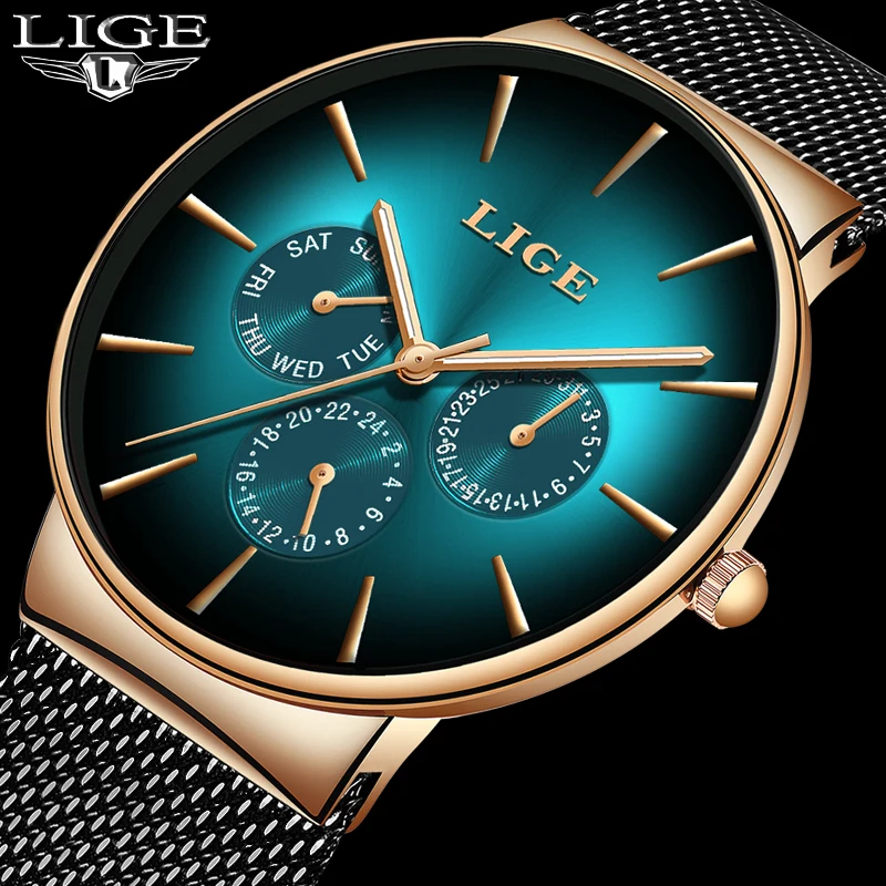 

Relogio Masculino LIGE Cool Men's Watch Ultra-thin Dial Stainless Steel Waterproof Sports Watches Mens Automatic Date Week Clock
