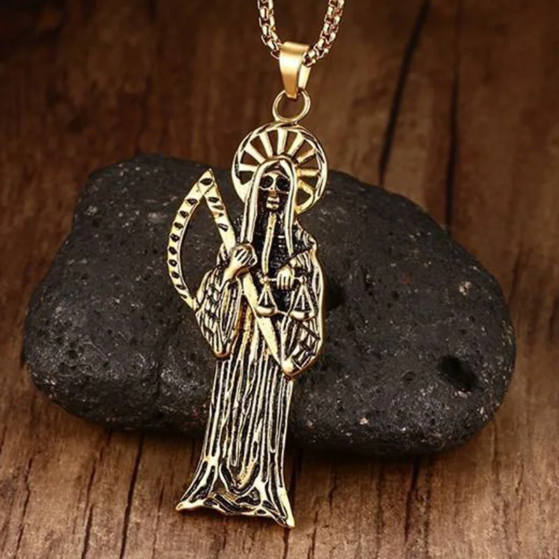 

Punk Gothic Titanium Steel Skeleton Skull Grim Reaper Pendants Necklace for Men Vintage Jewerly Male female Gold Color